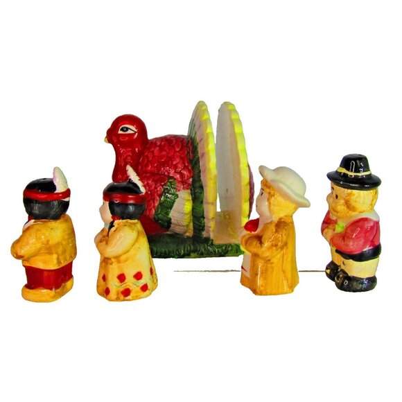 Vintage Thanksgiving Table Set Salt & Pepper Pilgrims Native American Turkey - Picture 4 of 10